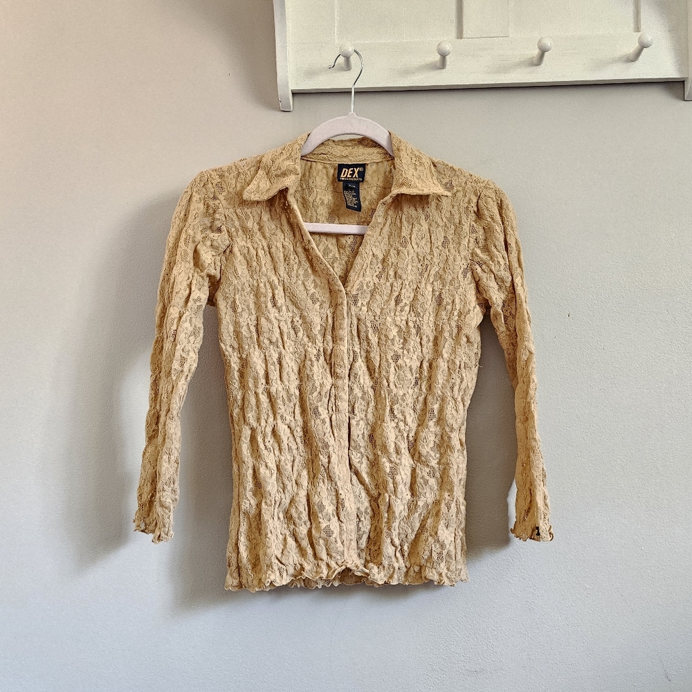 Lace ruched long sleeve fitted top shirt Y2k vintage size Small sheer stretchy